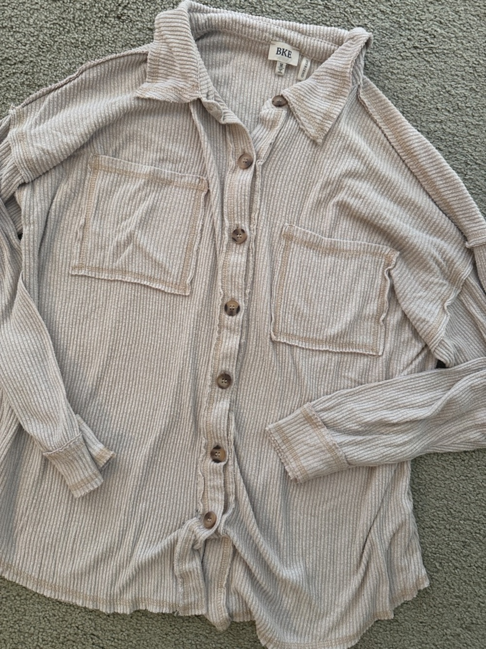 BKE Ribbed Button-Up Shirt Jacket in Light Taupe